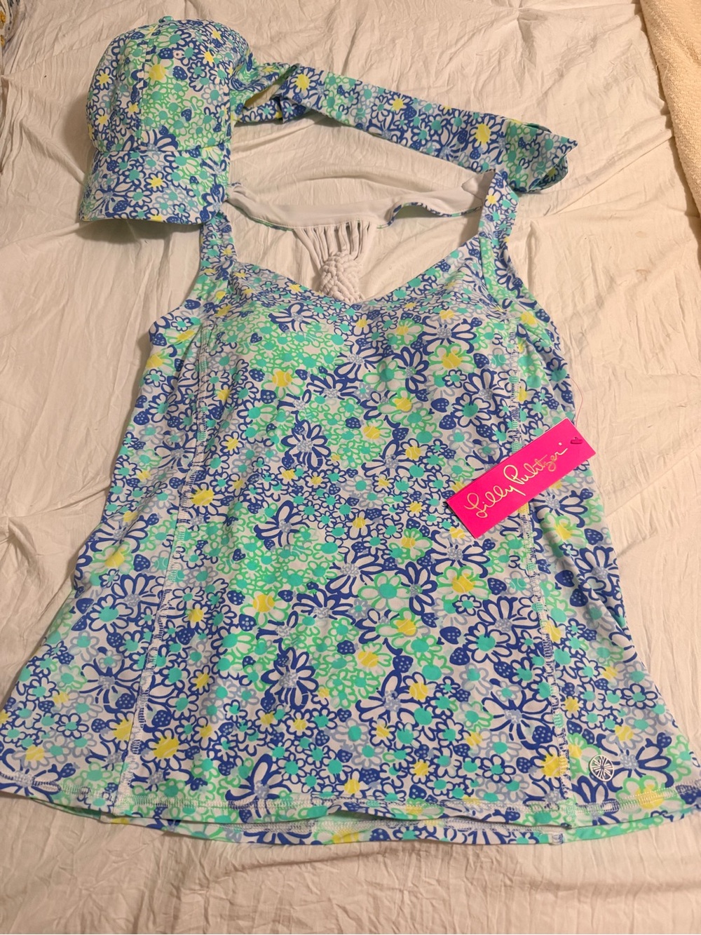 Lilly Pulitzer Blue, Green & Yellow Floral Luxletic  Top with Matching hat.